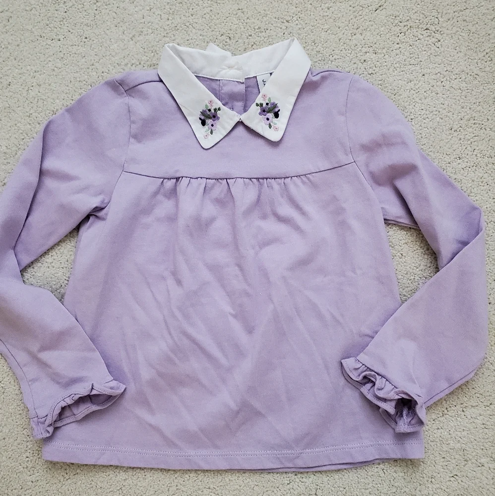 Janie and Jack Girls' Purple Flower Embroidered Collar Long Sleeve Shirt sz4